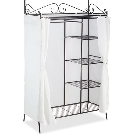 Relaxdays Perchero metálico COUNTRY 172 x 105 x 45 cm (AlxAnxFon), armario estilo rústico con cortina, blanco y negro