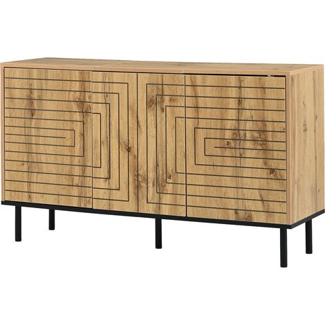 Buffet 3 portes sans poignées, motif ondulé, meuble de rangement effet bois naturel 120 × 35 × 68 cm pour salon et salle à manger (1/5)