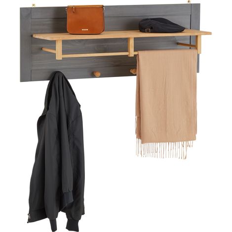 Idimex – Portemanteau mural 4 crochets avec étagère – Pin massif anthracite et brun – Rangement esthétique pour entrée ou couloir