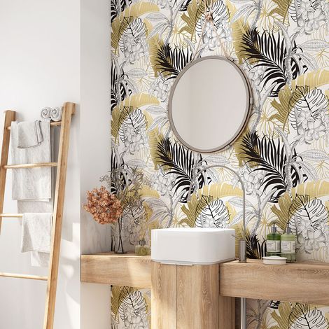 Crédence adhésive salle de bain - Feuilles tropicales - 90x90 cm - Adhésif BRILLANT (1/4)