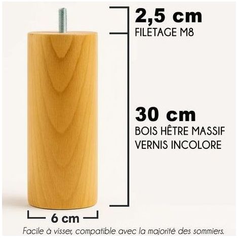 4 - Pied De Lit - Sommier - Bois Massif Hêtre - Filetage M8 - Pour Chambre À Coucher - Naturel - 30x6 cm (1/5)