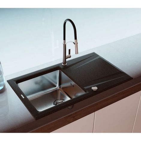 Evier granit noir et inox Deante PRIME 1 grand bac 1 égouttoir (1/3)