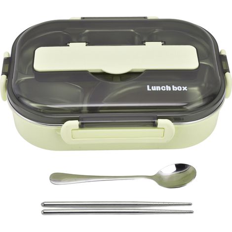 Boîte à lunch isotherme en acier inoxydable de 1,3 L avec 5 compartiments, baguettes et cuillère incluses pour les pique-niques scolaires, verte (1/4)