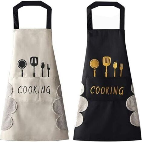 2 PCS Kitchen Aprons (White and Black) for Women with Hand-Wiping Pockets, Large Pocket, Hand Wiping, Waterproof for Cooking and Baking (1/5)