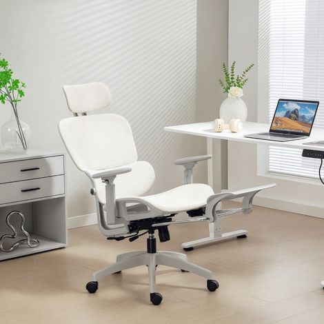 Chaise de bureau ergonomique maille inclinable accoudoirs 3D appui-tête, beige (1/4)