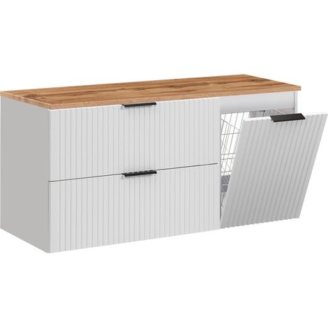 Furnidea - Meuble suspendu sous vasque ADEL BLANC 120 cm avec panier à linge et plan chêne - 2 tiroirs - Façades rainurées (1/5)