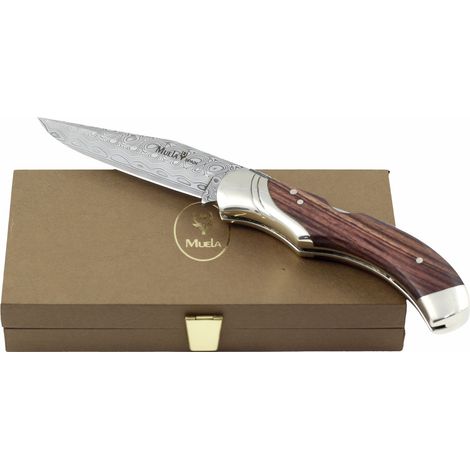 Navaja Muela Serie GL GL-10DAM, con bloqueo, hoja de 9,5 cm de acero damasco inox, palovioleta y alpaca, peso 195 gramos + tarjeta multiusos de regalo