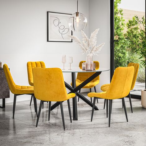 Malvern Round Dining Table And Chairs - Clear Glass Table Top w Solid Black Oak Legs + Nova Velvet Dining Chair Set Of 6 (Mustard) (1/5)