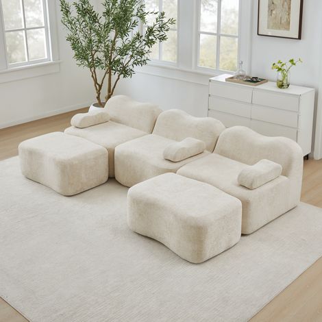 Ecksofa modulares Samt Beige U-Form mit 2 Hockern, rahmenlos, tiefe Sitzfläche