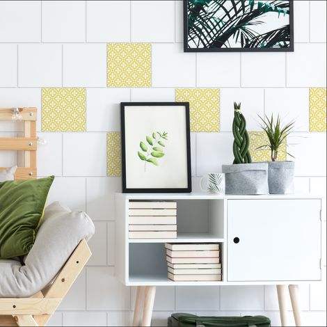 Sticker carrelage adhésif Fiore Mimosa 15x15cm, 6 pièces, motif géométrique fleurs blanches sur fond jaune, décoratif pour carrelage. (1/2)