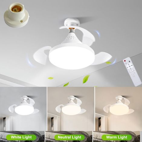 Ventilateur de plafond LED avec télécommande et douille E27, pales rétractables, 3 vitesses de vent, 3 températures de couleur, 38 cm, blanc. (1/5)