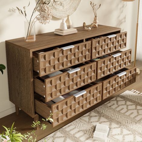 Sideboard mit 6 Schubladen und viel Stauraum, 120x37x77 cm, Kommode in Eiche-Optik, Mid-Century Mehrzweckschrank mit Metallgriffen (1/5)