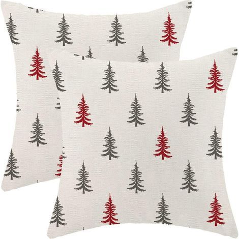 Taies d'oreiller de Noël 18x18 pouces, ensemble de 2 pièces, motif sapin de Noël rouge et gris – Housses de coussin pour les fêtes d'hiver, pour canapés, lits et décorations extérieures. (1/5)