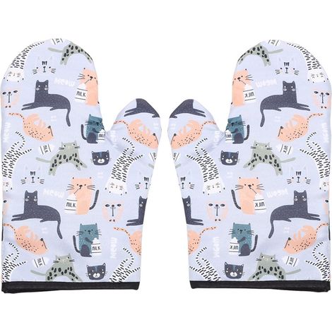 Lot de 2 gants de cuisine résistants à la chaleur, doublés de coton, matelassés et isolants, avec un adorable motif chat pour barbecue. (1/3)