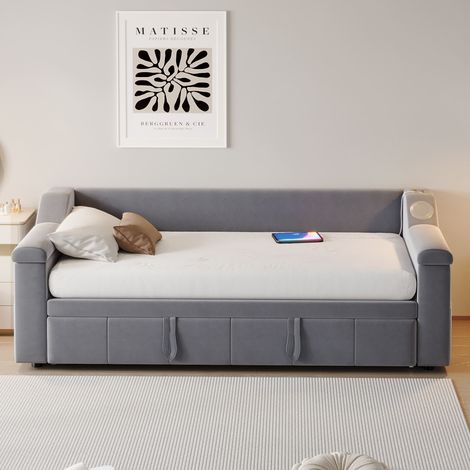 Canapé-lit extensible 90/180x190 cm en velours gris, sommier à lattes, Bluetooth, USB, rangements intégrés, accoudoirs rembourrés (1/5)