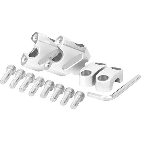 Kit elevador de manillar de motocicleta de 22 mm. Aumenta la altura de la base y permite el desplazamiento hacia atrás para manillares de 22 mm. Color plateado. (1/5)