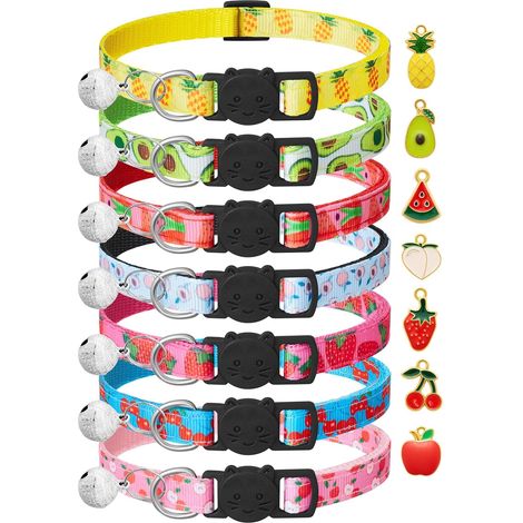 7 Pack Collier Chat avec Cloche et Breloque de Fruits,Collier Chaton Anti étranglement et Cloche,Réglable,Fournitures pour Animaux de Compagnie,Accessoires,Cadeaux (1/5)