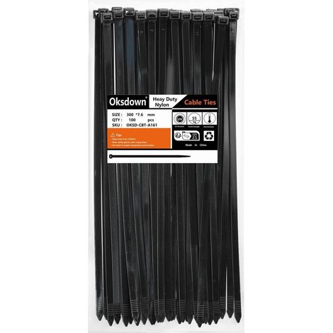 Colliers de serrage noirs 300mm x 7.6mm, 100 pièces, résistants aux UV, 55kg (1/4)
