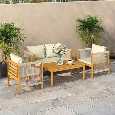 Canapé beige en bois d'acacia polyester 120 x 60 x 64 cm (1/5)