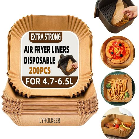 200 Feuilles de Papier Cuisson Air Fryer Papier Air Fryer Jetable 20×20×4,5 cm Pour Philips 2000 6,2 L,Ninja AF180EU 6,2L,Moulinex EZ245820 5LAntiadhésif et Résistant à la Chaleur