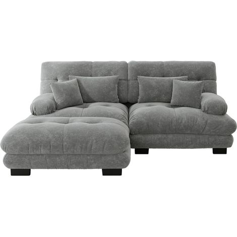 Canapé d'angle modulable en chenille grise avec coussins lombaires et ottoman (1/5)