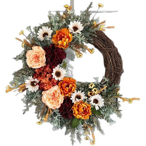 Couronne De Fleurs Artificielles - Base En Vigne - 30 Cm - Thème Automne - Pour Porte D'Entrée - 1 Pièce (1/5)