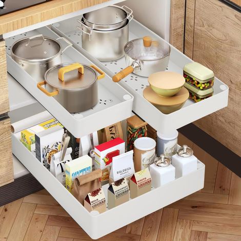 Organisateur de Tiroir Coulissant Cuisine avec Glissières Silencieuses – 3 Tailles (13/18/27x40x7 cm), Installation Rapide Sans Perçage pour Rangement Placard/Cuisine, Blanc (1/5)