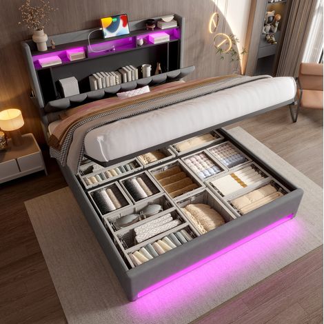 Lit coffre 140x200 cm avec LED, ports USB et Type-C, en velours, gris foncé, sans matelas (1/5)