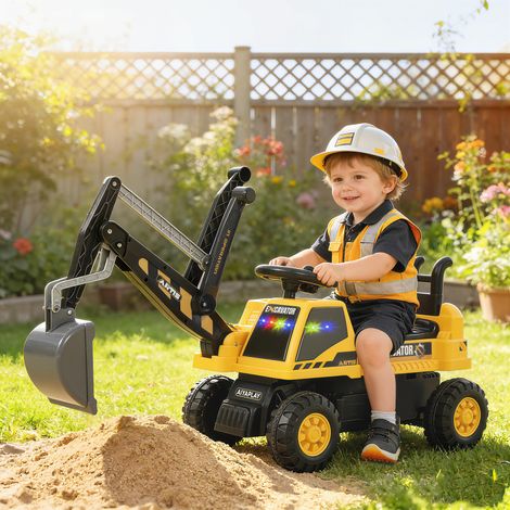 Sitzbagger Aufsitzbagger mit Schaufel Lenkrad drehbar Aufbau verstellbar Rückenlehne für Kinder 1,5-3 Jahre Gelb