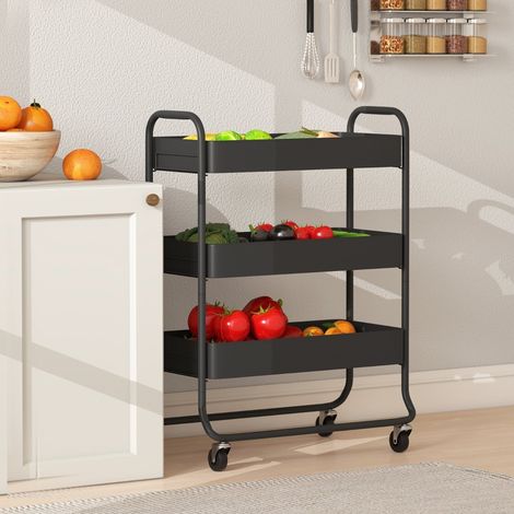 Carrito de cocina, 64,5 x 34 x 87 cm, 3 cestas, 4 ruedas, metal, negro
