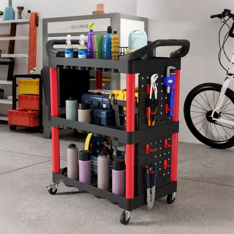 Carrello portautensili a 3 ripiani con pannelli forati, ganci e contenitore, nero e rosso (1/5)