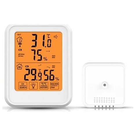 Thermometer-Hygrometer mit Außensensor, hochpräzise Messung von Temperatur und Luftfeuchtigkeit im Innen- und Außenbereich, weiß (1/4)