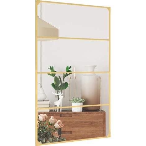 Miroir mural verrière rectangulaire style industriel, horizontal ou vertical avec 4 crochets, en métal doré 109 x 69 cm
