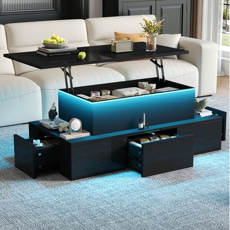 Mesa de centro elevable LED 100 x 50 cm, 4 cajones y almacenaje, negra HAVRYA (1/5)