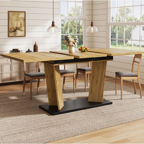 Table à manger extensible 120-160 x 80 x 76 cm, plateau en MDF effet bois clair, double piètement en métal, pieds réglables antidérapants, idéale pour petits espaces – CHICFURN (1/5)