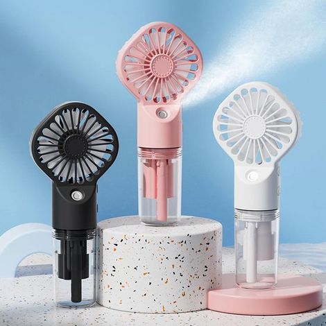 Lot de 3 mini ventilateurs portables avec brumisateur, rechargeables USB, 4 vitesses, noir, rose et blanc