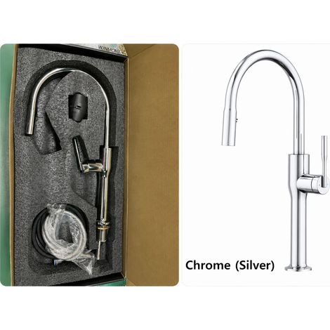 Robinet de cuisine mitigeur à douchette extractible (chrome argenté PVD), robinet d'évier avec douchette monocommande, montage sur plage. (1/5)