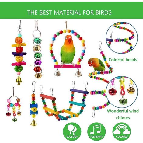 7 paquets de jouets pour perroquets variété de jouets accessoires de cage à oiseaux perruches calopsittes sûres et durables attirent davantage l'attention des oiseaux avec du bois coloré facile à inst (1/4)