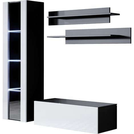 Ensemble de Meubles TV Mur de Rangement Meuble salon Suspendu avec LED Modèle Luke 2D Noir et Blanc Finition brillante