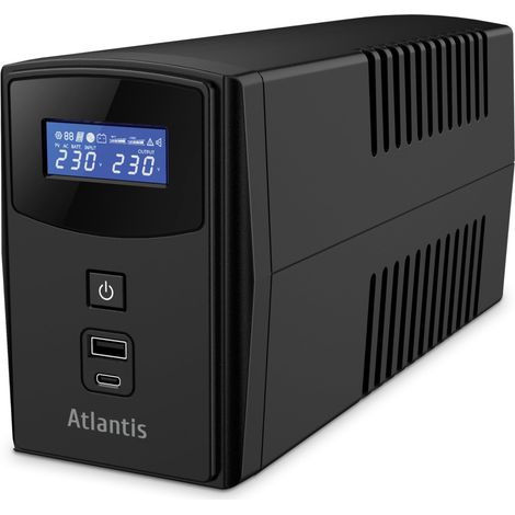 Atlantis Land Unterbrechungsfreie Stromversorgung A03-S1000P 1000VA 600W Line Interactive Pseudo-Sinuswelle LCD-Display 2 Schuko-Ausgänge USB
