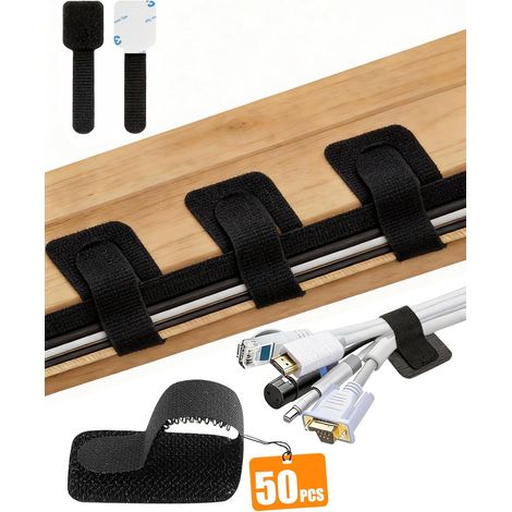 Lot de 50 attaches de câbles noires à scratch, réglables et auto-adhésives, réutilisables – Organisateur de câbles pour bureau, TV, PC et espace de travail à domicile (1/5)