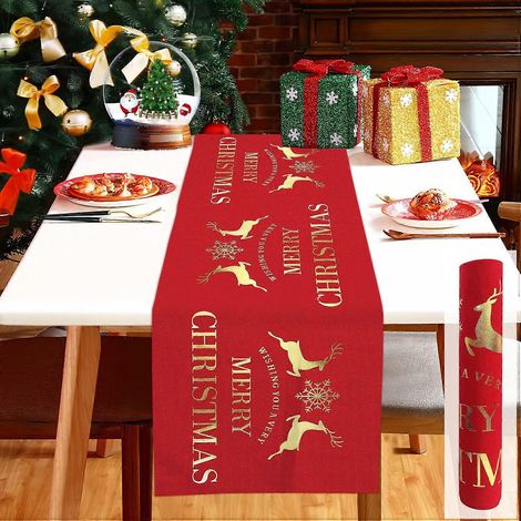 Rouleau de chemin de table de Noël, nappe en lin rouge à motifs d'élans et de flocons de neige dorés, 30,5 x 274,5 cm de long (1/5)