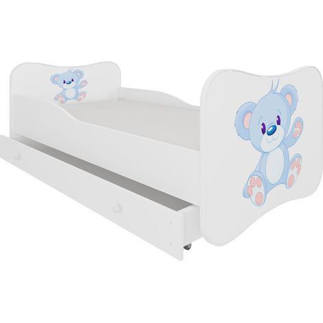 Lit enfant bois blanc à tiroirs avec imprimé ourson bleu 70x140 ou 80x160 - Sommier et matelas inclus - Ondula-80x160 (1/5)