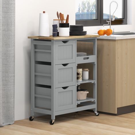 Carrito Auxiliar con Ruedas Carrito de Cocina con 3 Cajones 2 Estantes Abiertos y Bandeja Extraíble 67x37x85,5 cm Gris (1/5)