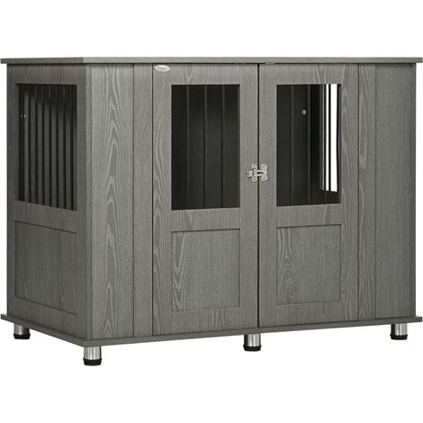 Chenil pour grand chien en bois gris avec porte magnétique et fenêtre, 116 x 60 x 87 cm (1/5)