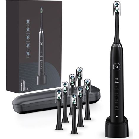Brosse à dents électrique Sonic avec 8 têtes, 42 000 VPM et 5 modes, avec une charge rapide en 4 heures et une autonomie de 30 jours, pour adultes (Noir avec étui de voyage) (1/4)