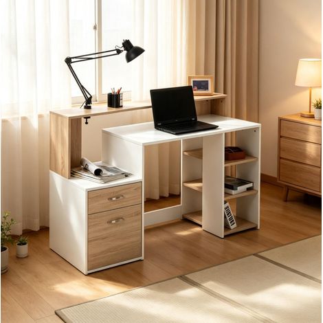 Scrivania per computer con 2 cassetti e ripiani MDF bianco rovere 137 x 55 x 92 cm OKWISH (1/5)