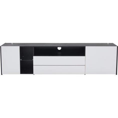 Meuble TV 180 cm noir blanc brillant LED 2 tiroirs 2 portes