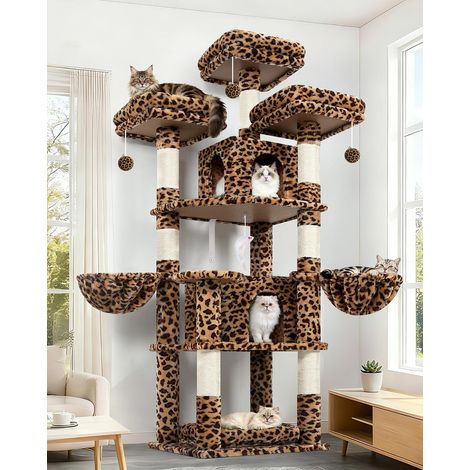 Arbre a Chat Léopard 174 cm avec 3 Perchoirs Rembourrés, 2 Niches, 2 Paniers, Amovible Chouchou Lit, Poteau en Sisal, Stable Château Arbres a Chats pour 2-4 Chats Intérieur (F68B, Léopard) (1/5)