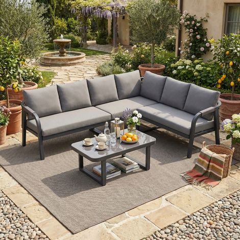 Set da salotto da giardino a 6 posti, divano angolare con tavolino, acciaio zincato, mobili da esterno per patio, balcone, giardino, salotto, grigio